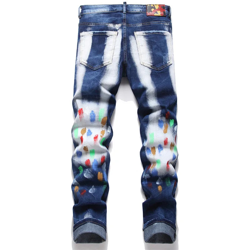 fashion distressed white washed denim jean pants colorful graffiti printed casual biker hip hop jeans slim joggers mens jeans unique joggers style 4578