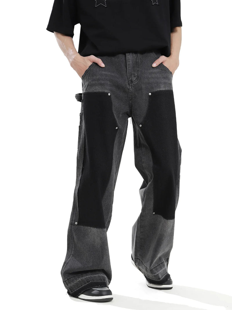 hip hop graffiti black wide leg jeans mens vintage distressed patches ink splashed jeans y2k logging cargo denim trousers women unique cargo style 4500