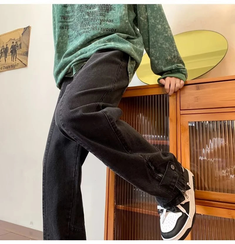 2023 korean fashion ankle zipper vintage brown men jeans pants luxury straight hip hop casual denim trousers pantalones hombre unique jeans style 254
