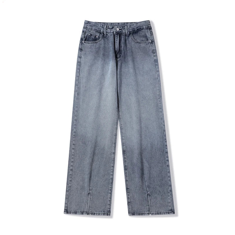 rainbowtouches mens washed jeans vintage high street gradient fashion trends zipper jeans loose straight long pant casual pants stacked flare jeans