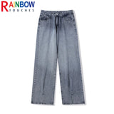 rainbowtouches mens washed jeans vintage high street gradient fashion trends zipper jeans loose straight long pant casual pants stacked flare jeans
