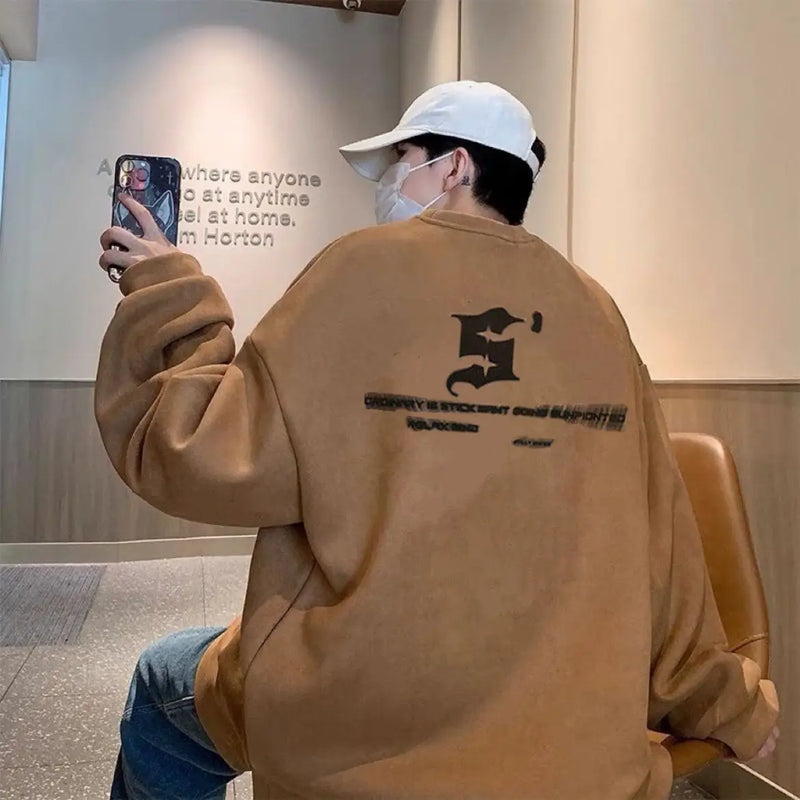 Trendy Korean Personalized Street Suede Sweatshirt Men Autumn Winter American High Street Y2K Handsome and Versatile Casual Top