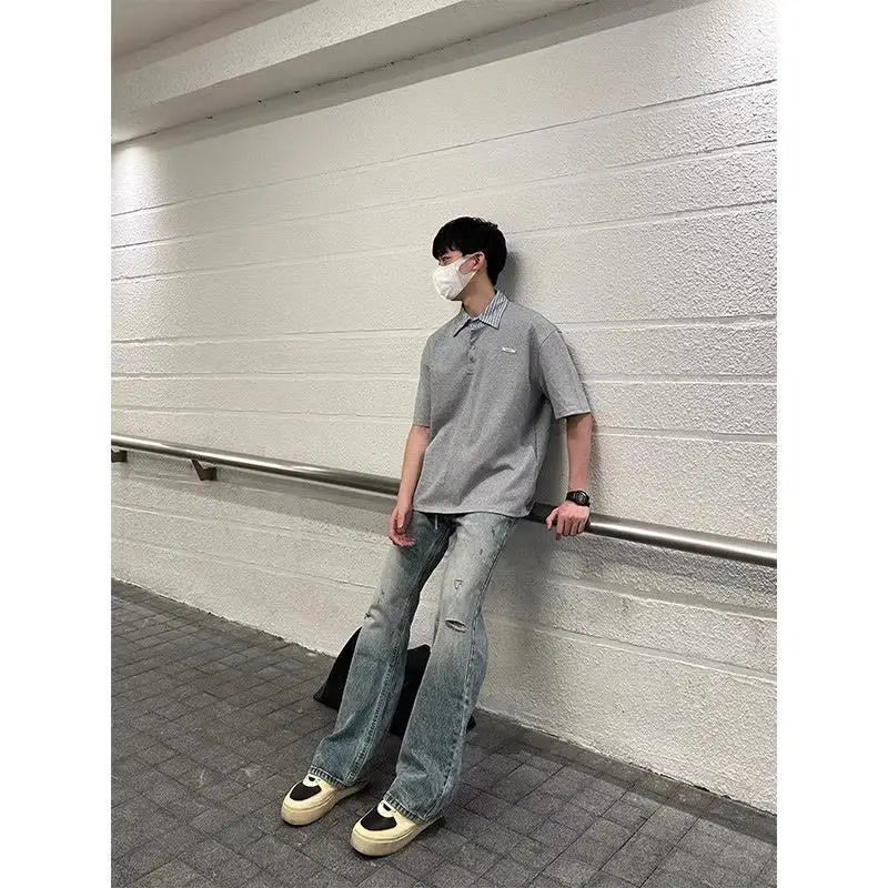 Harajuku Barcode glitch – Summer Street Handsome Patchwork Polo Shirt Short Sleeved Me