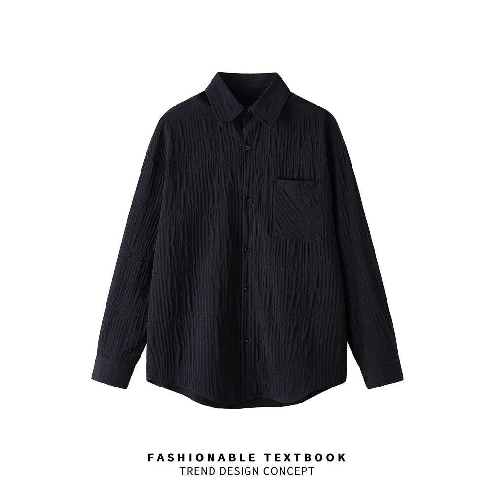 Wrinkled Fabric Casual Long Sleeve Shirt Men and Women Solid Color Streetwear Fashion Loose Black White Shirts Oversize Blouses