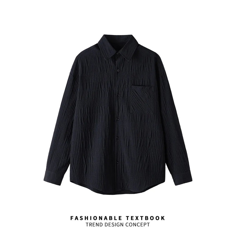 Wrinkled Fabric Casual Long Sleeve Shirt Men and Women Solid Color Streetwear Fashion Loose Black White Shirts Oversize Blouses