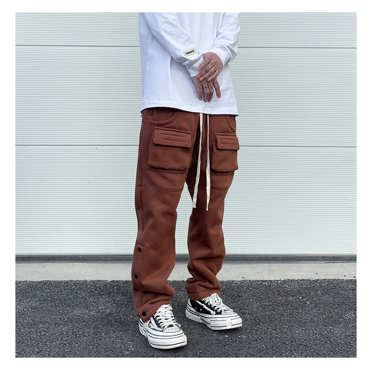 mens high street loose fit elastic waist pants winter warm fleece pants bottons hip hop drawstring sportwear sweatpants joggers unique joggers style 3059