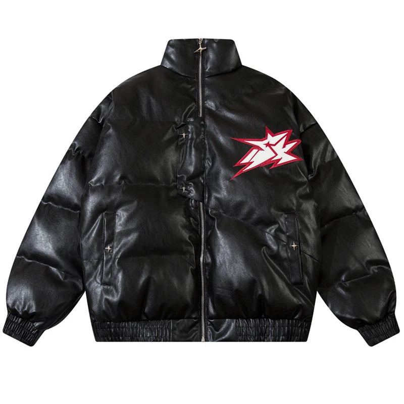 Men Waterproof Warm Jacket Winter Vintage PU Leather Parkas Embroidery Letter Thick Padded Coat Streetwear Hip Hop Loose Parka