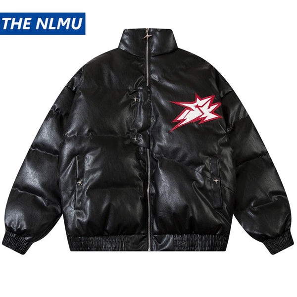 Men Waterproof Warm Jacket Winter Vintage PU Leather Parkas Embroidery Letter Thick Padded Coat Streetwear Hip Hop Loose Parka