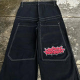 y2k jeans men women high waist wide wexwear graphic embroidered baggy jeans streetweartrouser harajuku black skateboard pants unique jeans style 2436