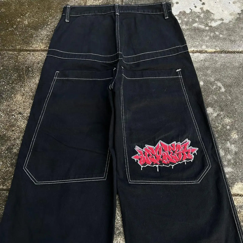 y2k jeans men women high waist wide wexwear graphic embroidered baggy jeans streetweartrouser harajuku black skateboard pants unique jeans style 2436