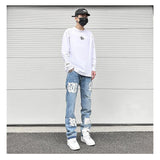 letters patckwork bottom ripped denim jeans men casual straight biker trousers fashion streetwear hip hop jean pants joggers unique joggers style 3731