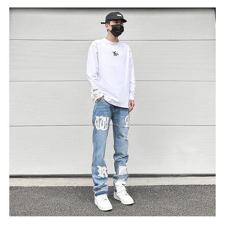 letters patckwork bottom ripped denim jeans men casual straight biker trousers fashion streetwear hip hop jean pants joggers unique joggers style 3731