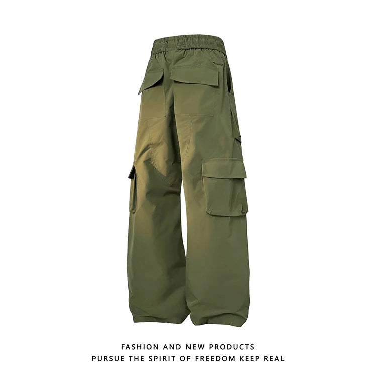 multi pocket mens wide leg straight cargo pants korean fashion track pants male casual loose mopping trousers four seasons unique cargo style 1030