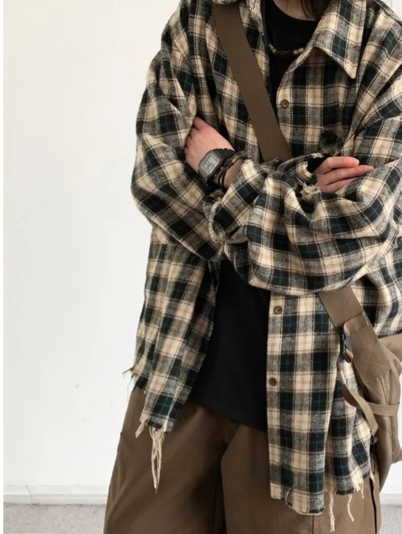 japanese college mens sets rough edge embroidery plaid shirt jackets big pocket retro cargo pants 2 pcs 2024 new casual suits unique cargo style 4446