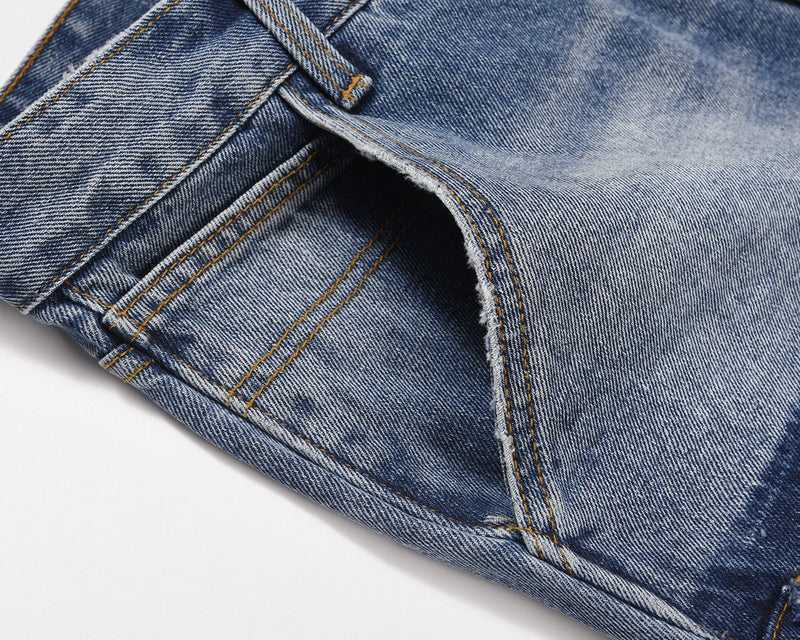 high street fashion contrast straight tube micro flared jean horn pant washing mens tassel vintage patchwork wide denim jeans unique jeans style 5010