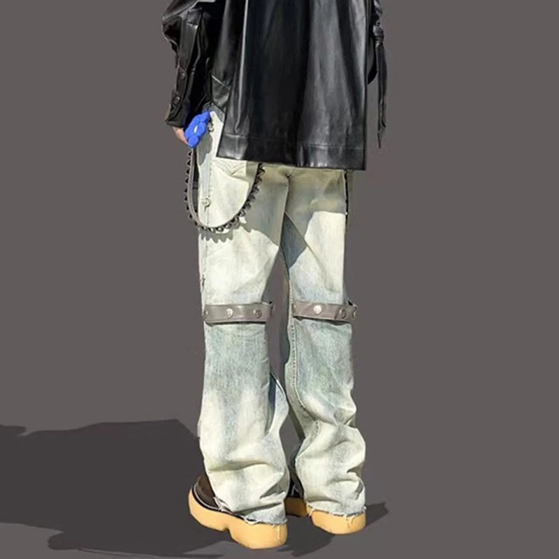 detachable leather chain washed baggy jeans for men and women straight streetwear casual denim trousers oversized cargo pants unique cargo style 283