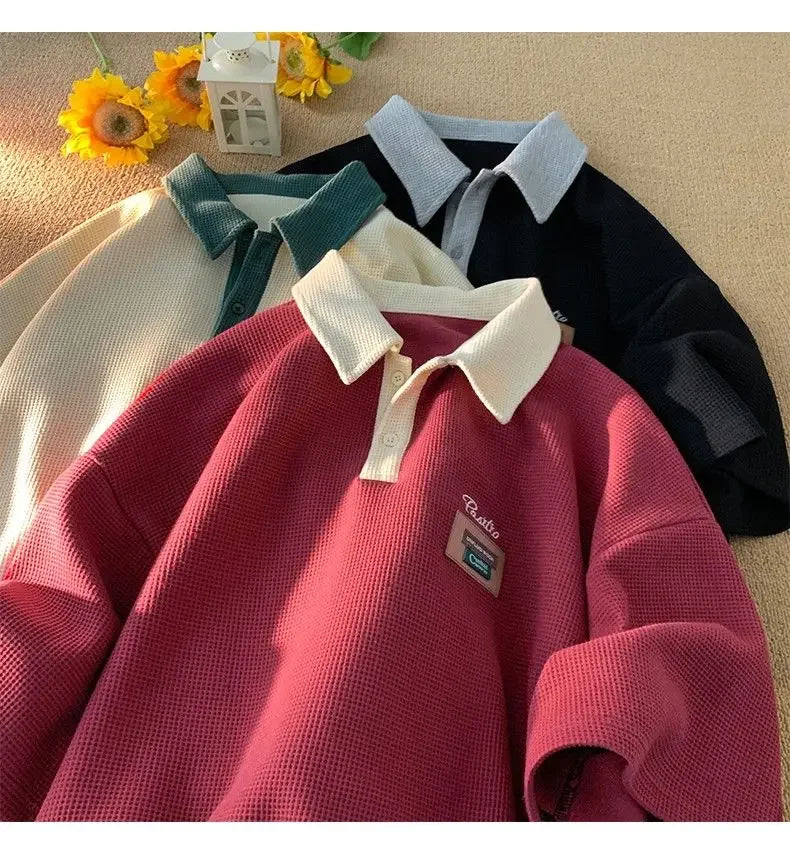 Hip Hop American Street Men and Women Trendy Personality Polo Shirt Short sleeved Summer Waffle Vintage Casual Tops harajuku y2k