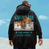 Money Bear Print Fleece Hoodies For Men Autumn Hip Hop Hooded Sweatshirt