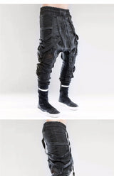 vintage motorcycle trousers joggers mens asymmetric straped pleated cross pants function elastic waist trousers unique joggers style 4603