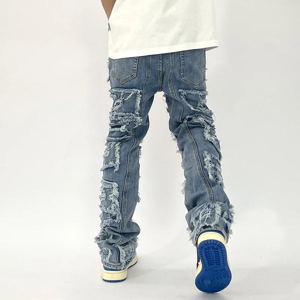 retro hole ripped distressed jeans for men straight washed harajuku hip hop loose denim trousers vibe style casual jean pants urban skinny jeans