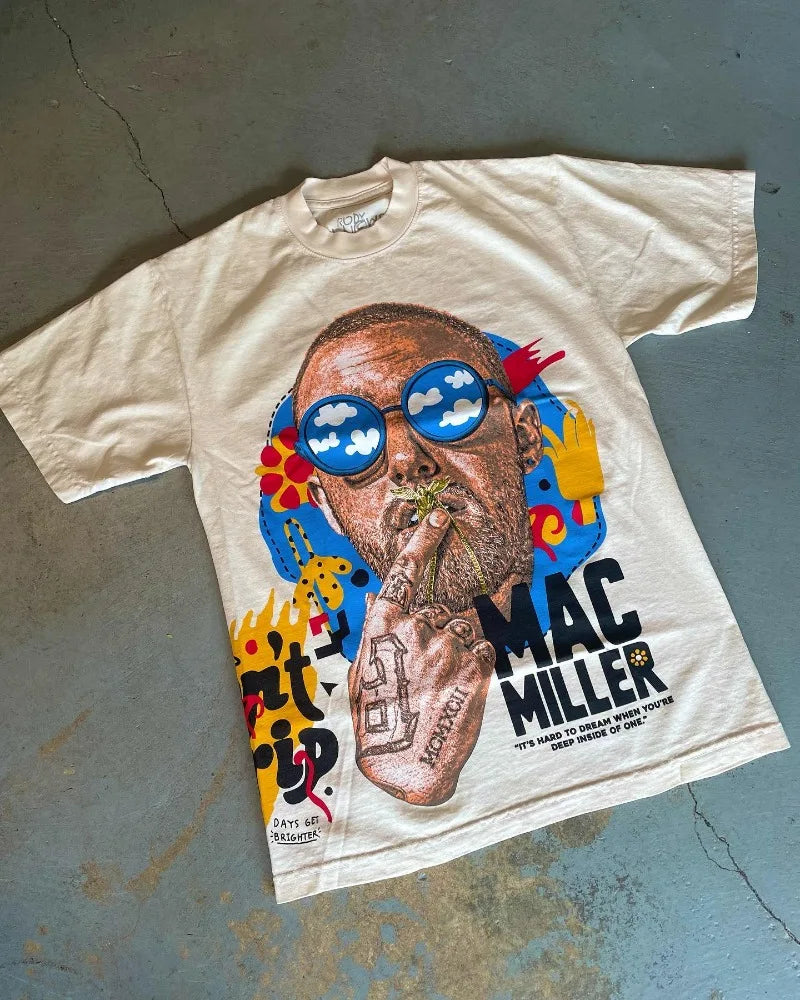 Trapwear Aesthetic print tee – Summer American New Trend Portrait Lettering Print Round Nec