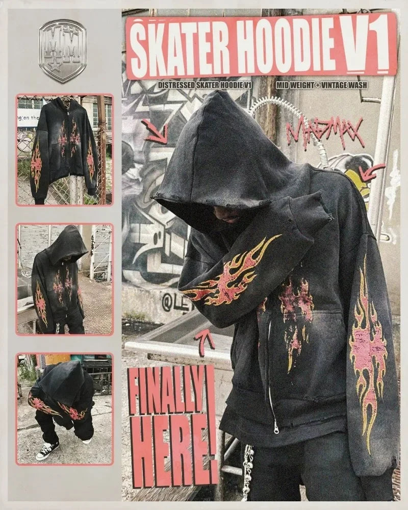 American Street Trend Fashion Flame Print Fashion Zipper Hoodie Women