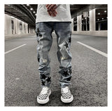 fashion ripped destroied jeans trousers distressed biker jeans with stars high street slim pants joggers denim jeans for men unique joggers style 3261