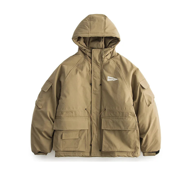 Outdoor Multi Pocket Thicken Man Jacket Winter Retro Warm Camping Cotton-padded Clothes Casual Print Loose Hooded Fashion Coat