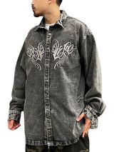 Hip Hop Denim Jeans Shirt Harajuku Retro Washed Letter Embroidery Long Sleeve Shirts for Men High Street Casual Loose Tops Shirt