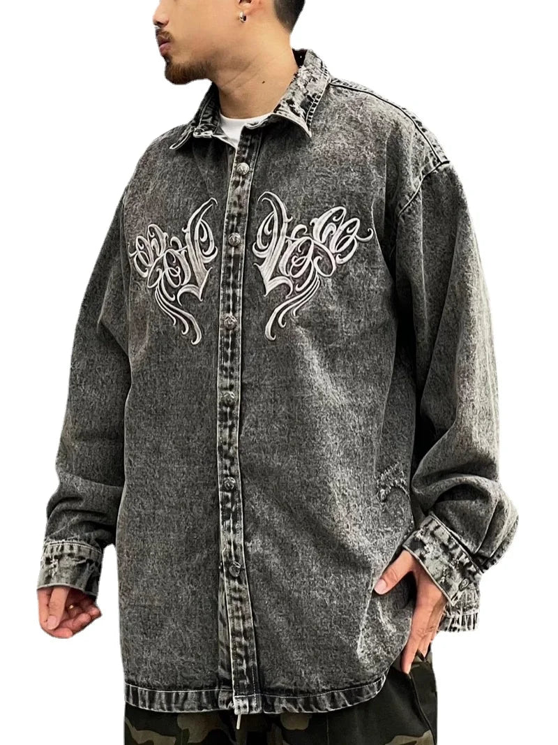 Hip Hop Denim Jeans Shirt Harajuku Retro Washed Letter Embroidery Long Sleeve Shirts for Men High Street Casual Loose Tops Shirt
