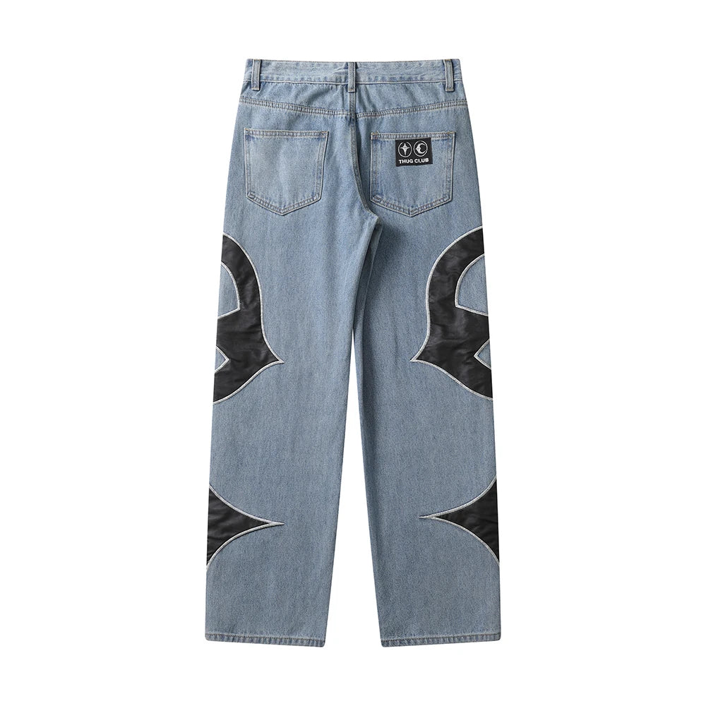 letter embroidery pu leaher patchwork baggy y2k jeans mens streetwear straight oversized denim trousers unisex cargo pants unique cargo style 40