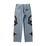 letter embroidery pu leaher patchwork baggy y2k jeans mens streetwear straight oversized denim trousers unisex cargo pants unique cargo style 40
