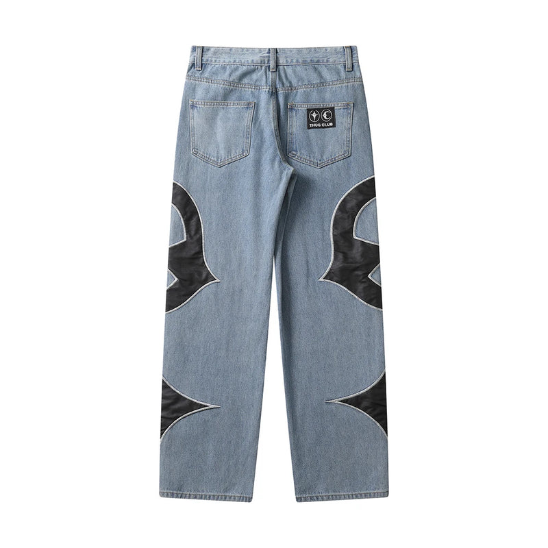 letter embroidery pu leaher patchwork baggy y2k jeans mens streetwear straight oversized denim trousers unisex cargo pants unique cargo style 40