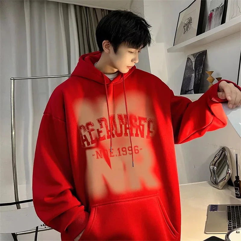 Mens Goth Letter Printed Hooded Sweatshirt American Style Vintage Tren