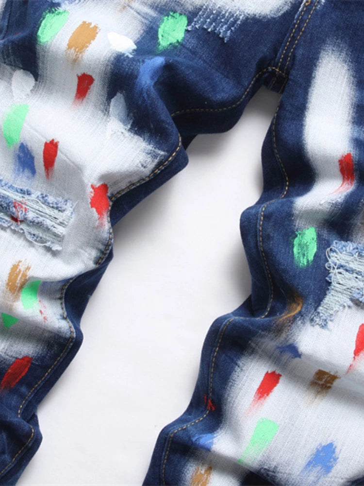 fashion distressed white washed denim jean pants colorful graffiti printed casual biker hip hop jeans slim joggers mens jeans relaxed fit joggers