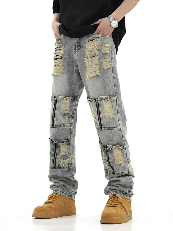 high street zipper open decoration biker jeans women ripped denim straight jean pant men motorcycle trouser unisex hip hop pants denim street jeans