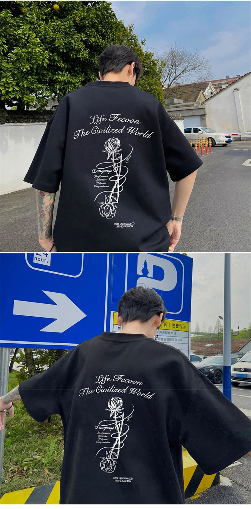 Y2k Angelcore design – Gothic Letter Rose Printed T Shirt Men Hip Hop Fashion Overs