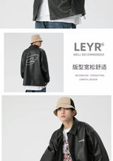 Mens Leather Bomber Jacket Women Hip Hop Letter Motorcycle Loose Casual PU Coat Unisex High Street Racing Varsity Black Outwear