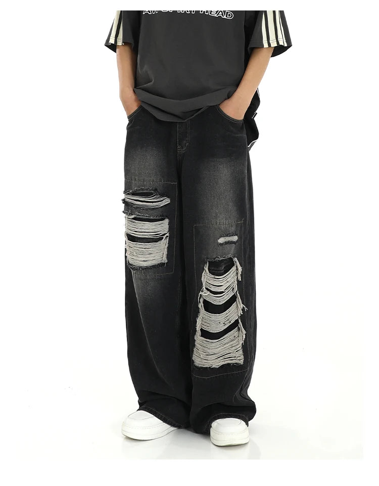 fashion ripped holes denim jeans harajuku patchwork straight jean trousers y2k trouser mens hip hop streetwear baggy jeans pants unique jeans style 4600