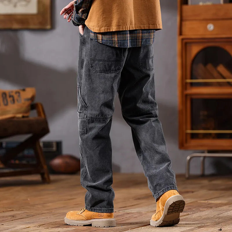 men retro fashion streetwear loose casual plus size straight denim cargo jeans pants man black gray jeans trousers baggy cargo bottoms
