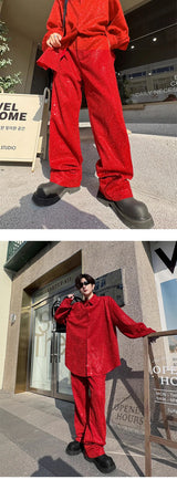 mens sequin 2 piece sets loose casual long sleeve shirt pant stage fashion party show clothing dress shirts trousers costumes unique default style 2888