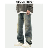 retro washed denim jeans destroyed ripped loose mens biker jeans side pocket fashion streetwear hip hop straight pants joggers streetwear sweatpants