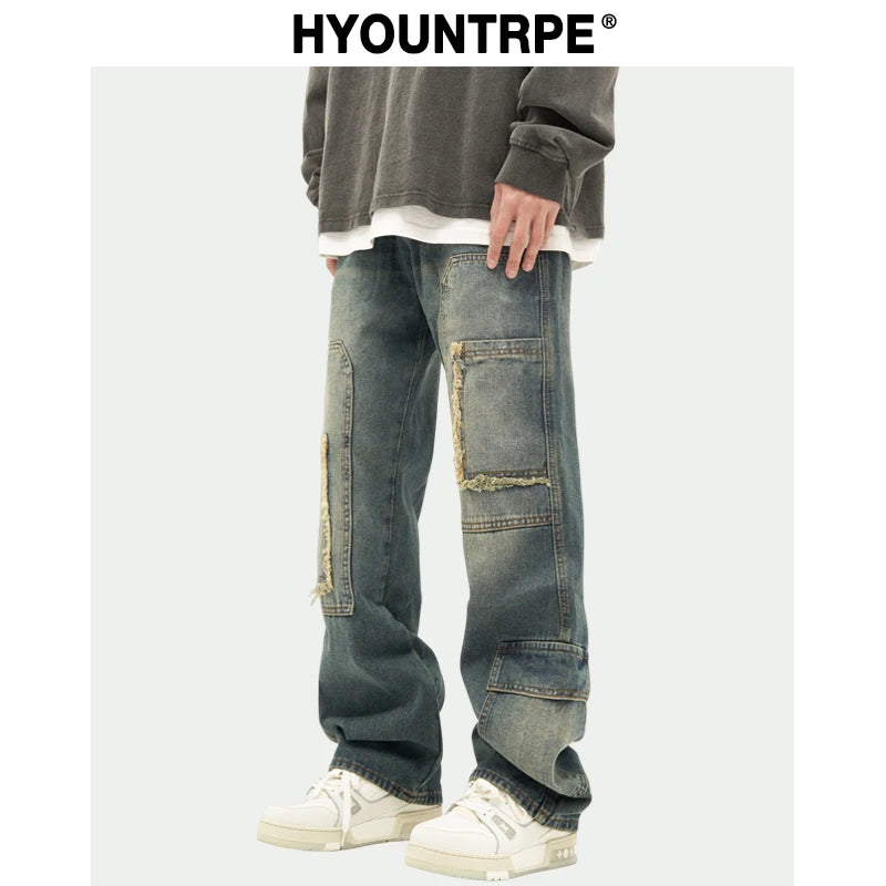 retro washed denim jeans destroyed ripped loose mens biker jeans side pocket fashion streetwear hip hop straight pants joggers streetwear sweatpants