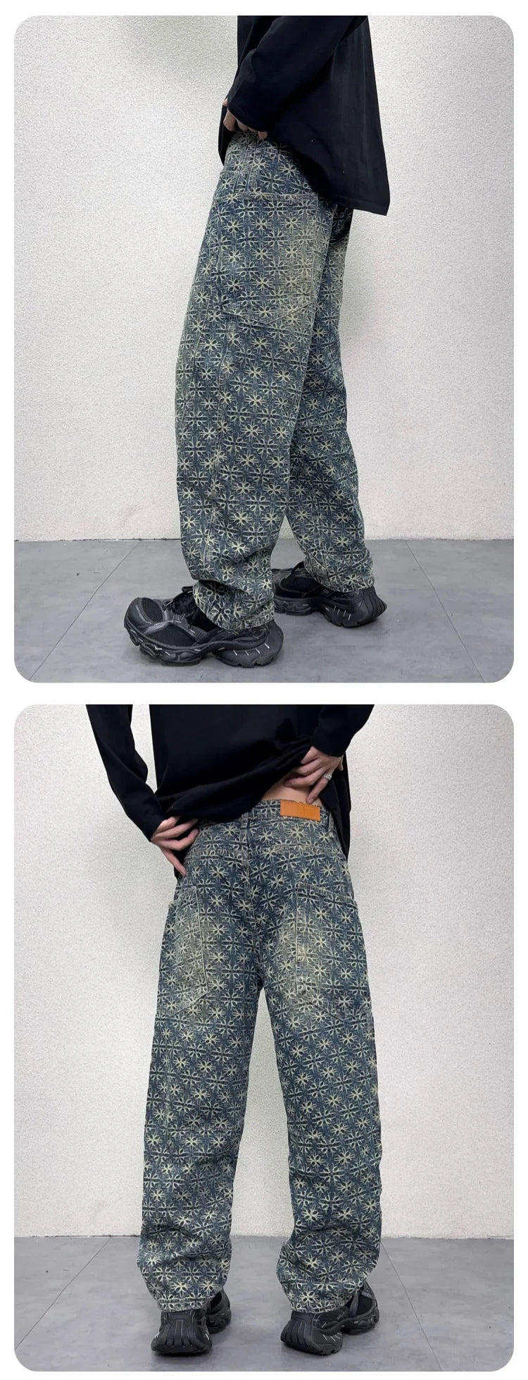 men jacquard loose casual hip hop vibe splice pocket denim baggy jeans pants man streetwear ripped jeans trousers boyfriend unique jeans style 3137