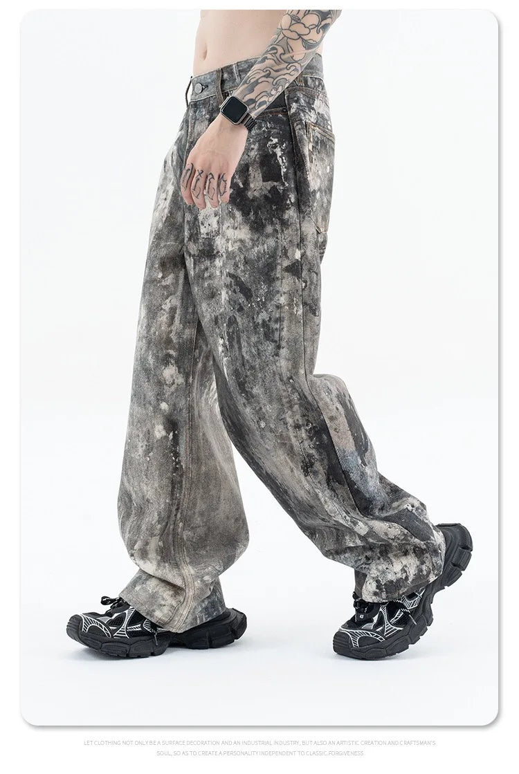 Autumn and winter 2024 new digital printed camo splash ink baggy jeans