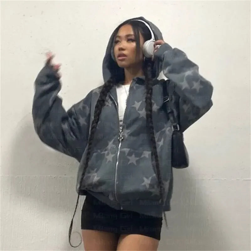Women Long Sleeved Zip Hoodie Jacket Oversize Streetwear Vintage Fashi
