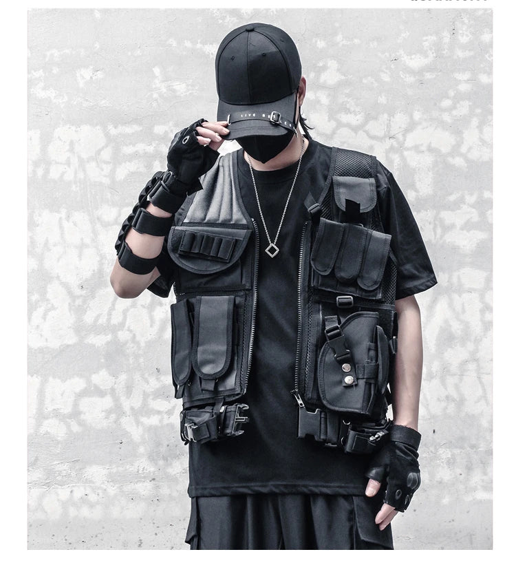 hip hop sleeveless vests mesh adjustment cargo waistcoat with pockets zipper military jacket streetwear tactical vest sweatsh - variant style de08fa for streetwear fashion
