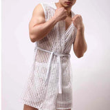 Men Robes Brand Male Sexy Bathrobe Sleepwear Sleeveless Bath Robe Sleep Lounge Badjas Cutout Cardigan Loungewear Mesh Menswear