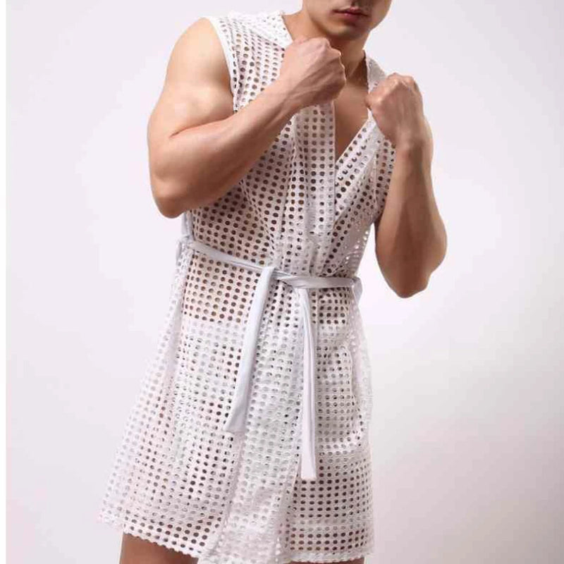 Men Robes Brand Male Sexy Bathrobe Sleepwear Sleeveless Bath Robe Sleep Lounge Badjas Cutout Cardigan Loungewear Mesh Menswear