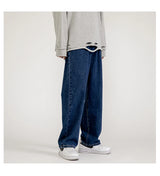 korean fashion mens baggy jeans classic all match solid color straight leg denim wide leg pants male light blue grey black unique jeans style 1144